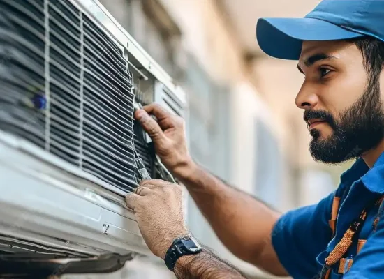 Técnico realizando mantenimiento o instalación de aire acondicionado